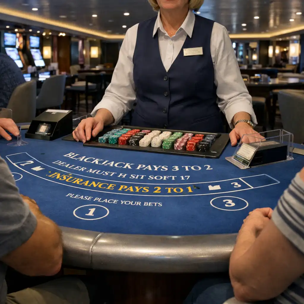 Onboard blackjack table showing the dealer area, seated positions and table layout.