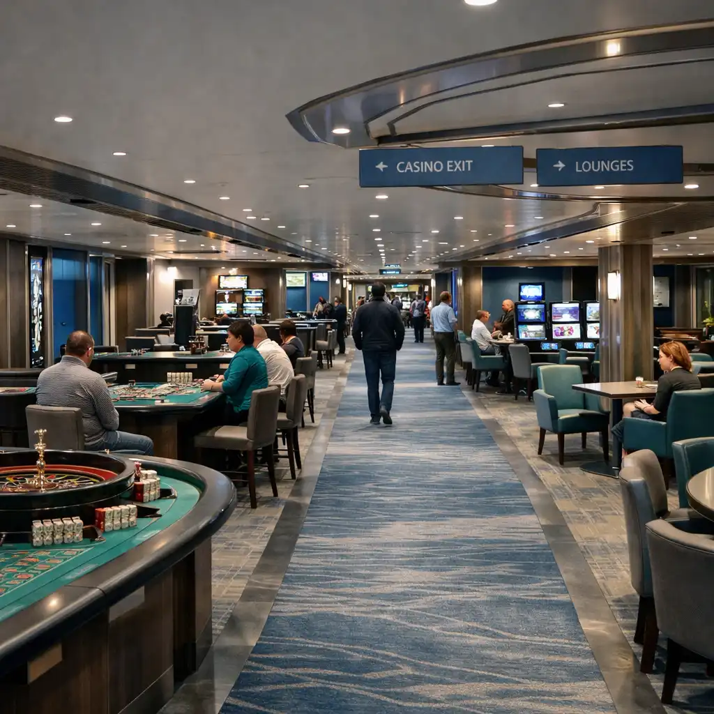 Cruise ship casino interior showing a central aisle, gaming tables and surrounding circulation space.