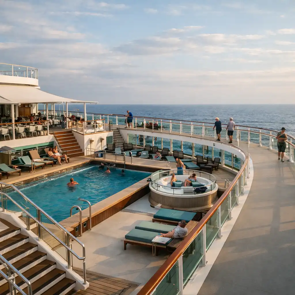 Cruise ship pool deck with a clear walking route, seating, stair access and horizon beyond the railings