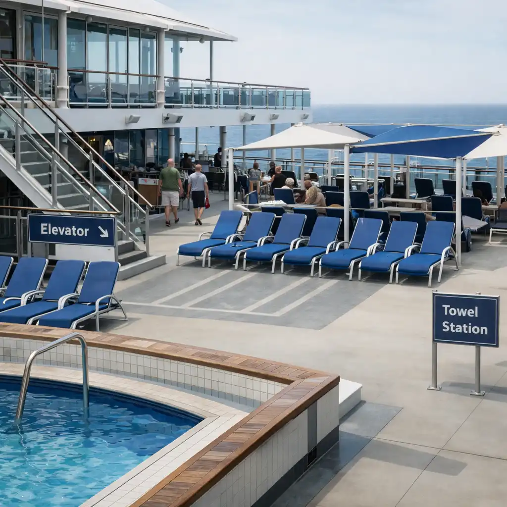 Cruise ship pool deck with stair access, shade structures and wayfinding features