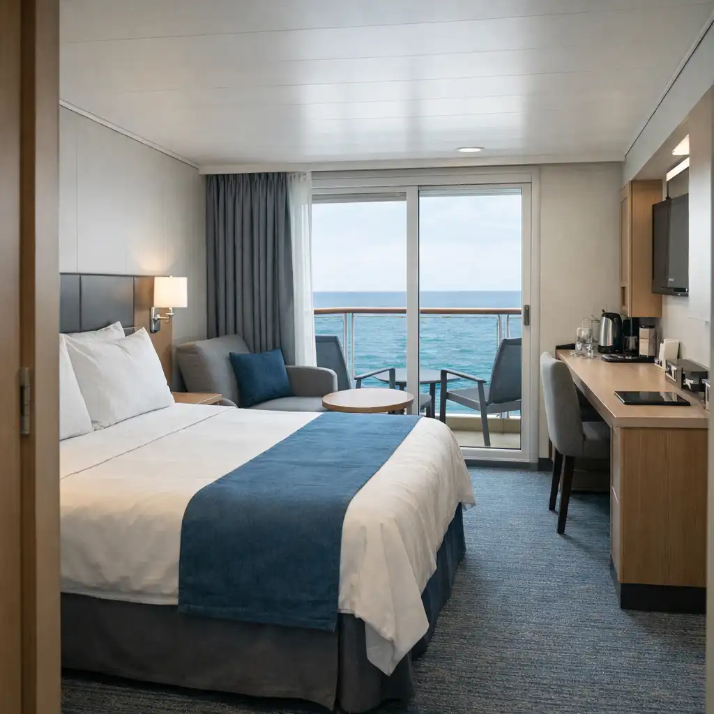 Cruise ship balcony cabin showing bed, desk, doorway and balcony circulation
