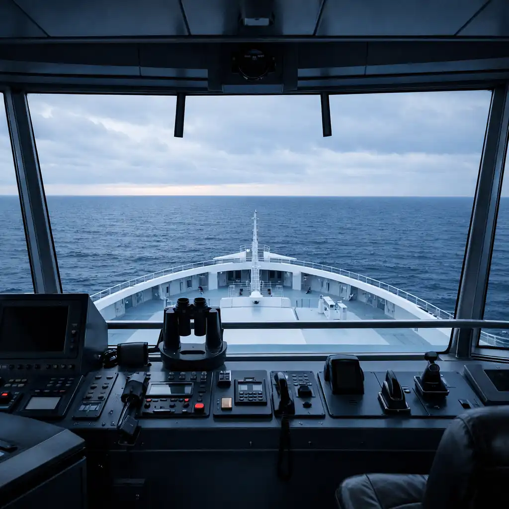 Cruise ship bridge-facing view with forward windows, instrument silhouettes and ocean horizon