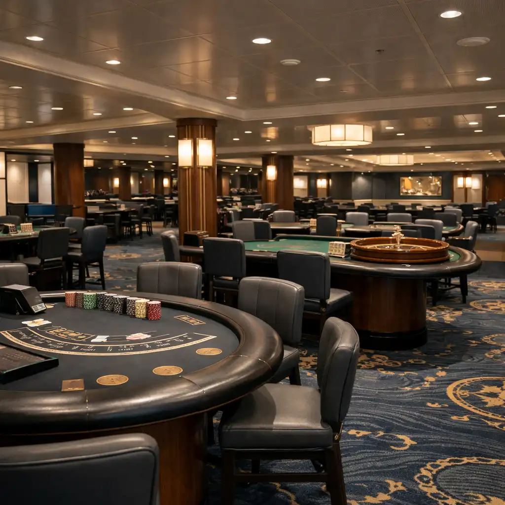 Cruise ship casino interior showing gaming tables, seating and clear circulation aisles