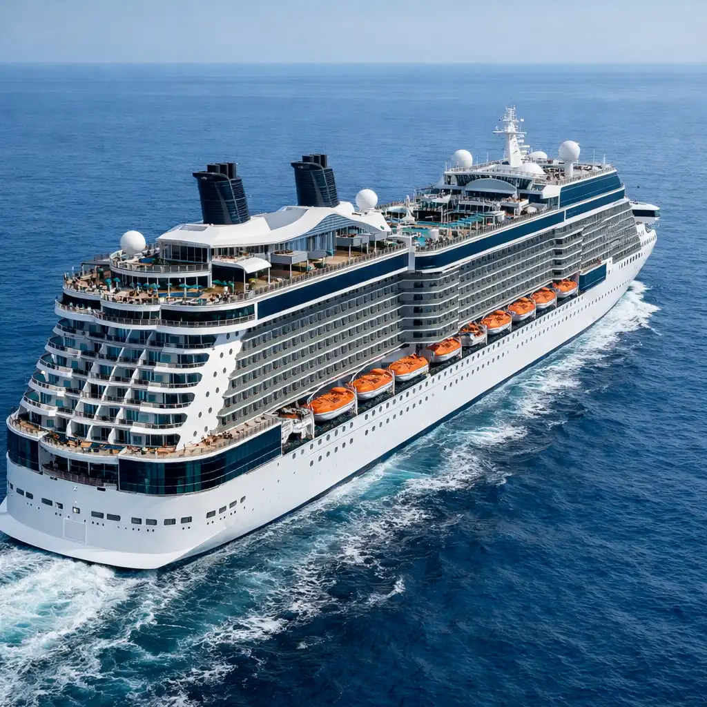 Cruise ship viewed from above with open decks, balcony levels and public areas visible