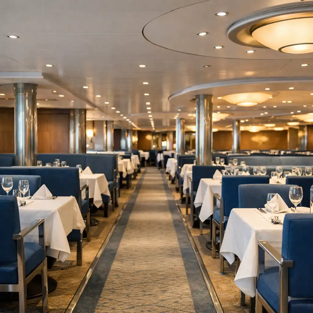Cruise ship dining room with visible central aisle and ordered table layout