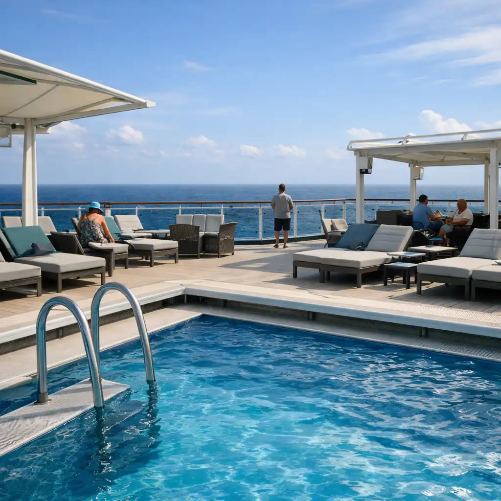 Cruise ship pool deck with seating, shade structures, railings and ocean horizon