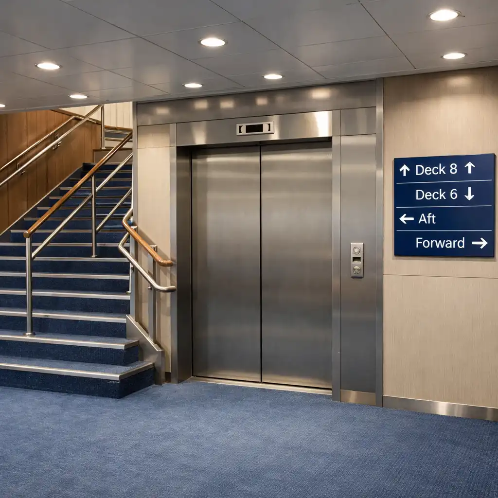 Cruise ship stair and lift lobby with handrails, lift doors and deck-direction signage