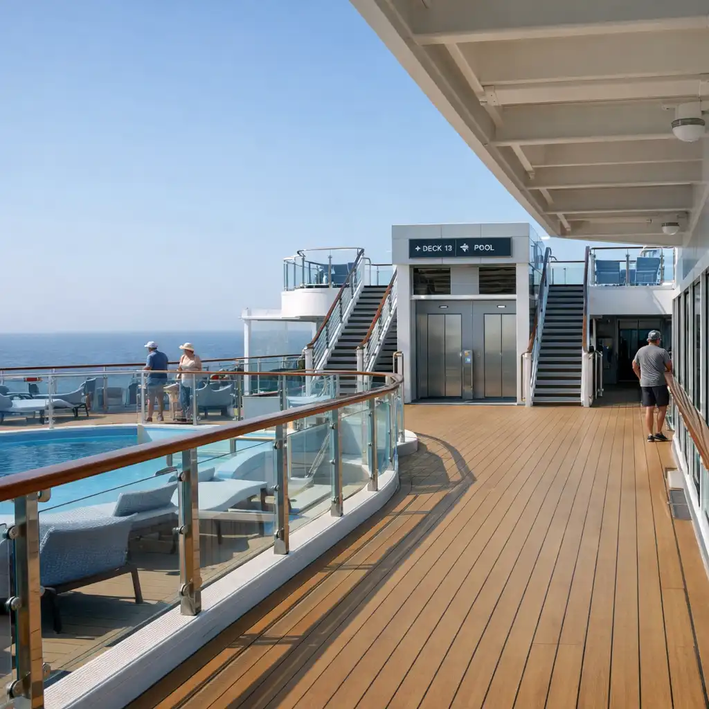 Cruise ship upper-deck walkway leading towards passenger circulation access and railings