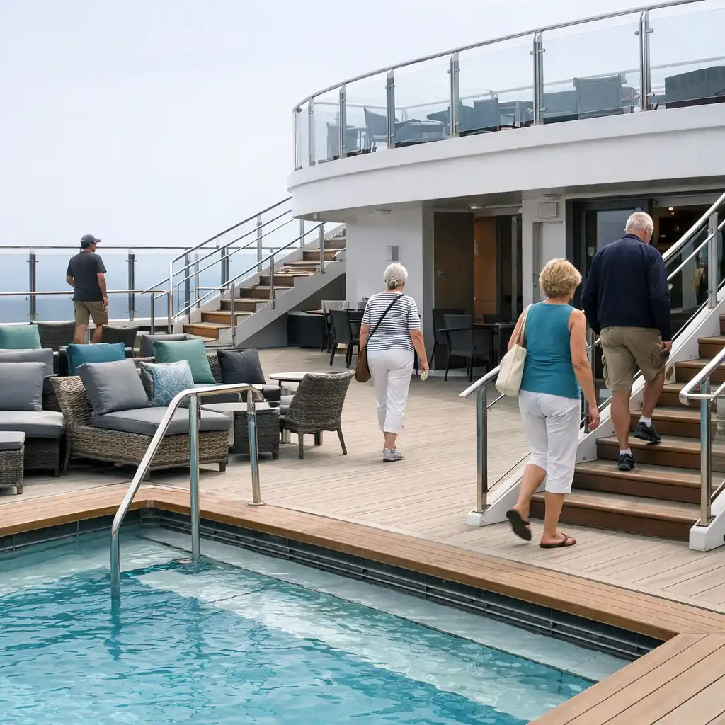 Upper public deck with a pool edge, seating, stairs and an entrance connecting to an interior lounge