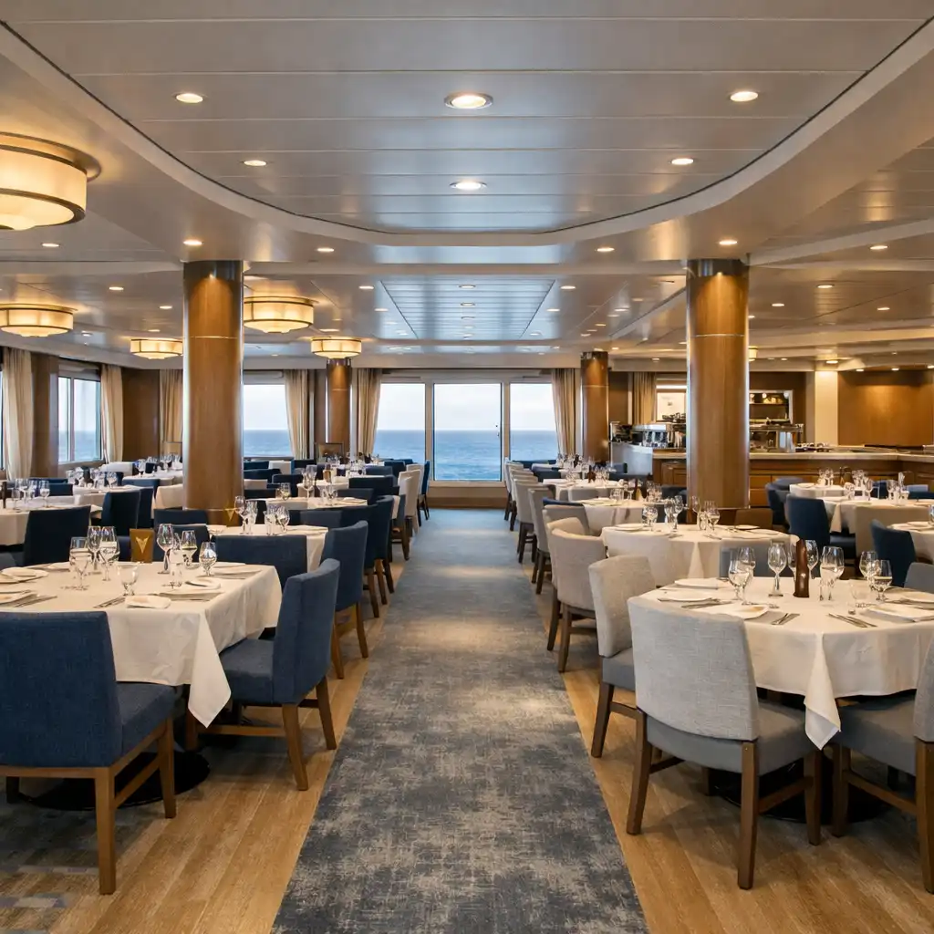 Central aisle and table layout inside a cruise ship dining room