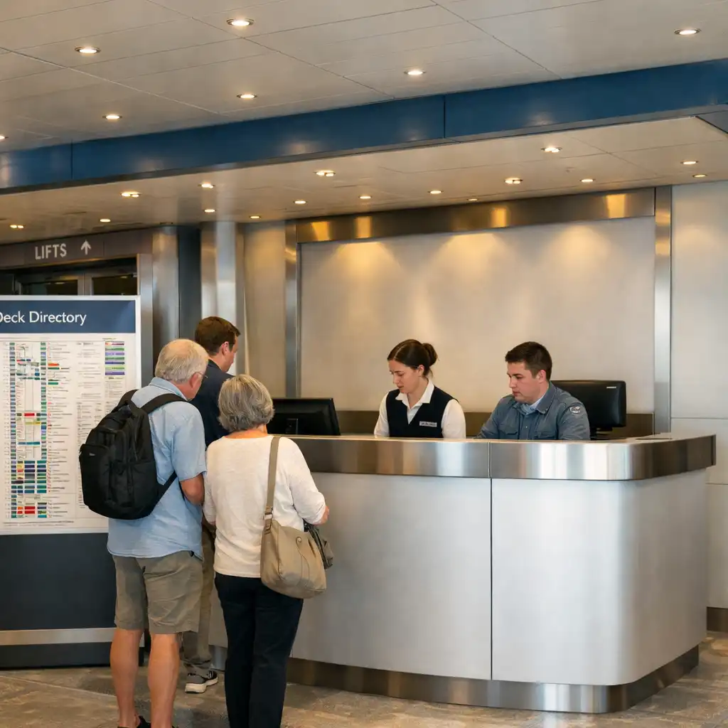 Cruise ship guest-information counter with deck directory and nearby circulation route