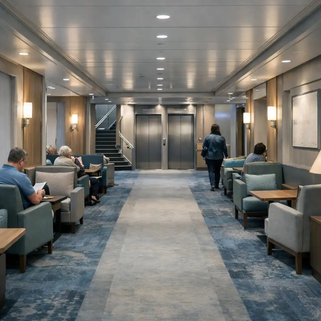 Cruise-ship lounge corridor with a clear central aisle, seating bays and a distant circulation landmark