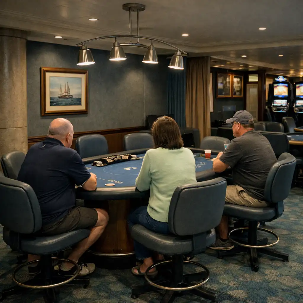 Poker-style table in a quieter corner of a cruise ship casino, with chairs around its perimeter.