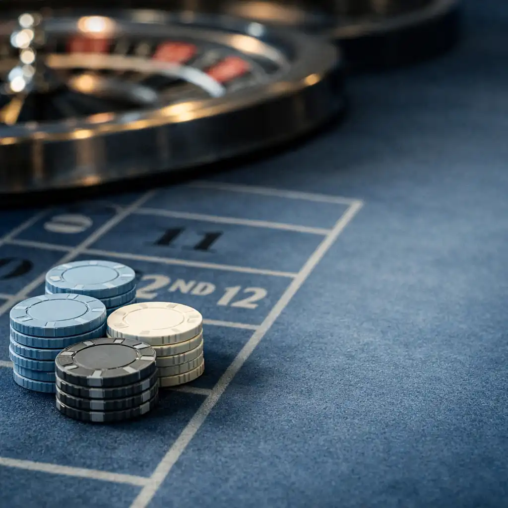 A small group of chips beside neutral markings on an onboard roulette table.