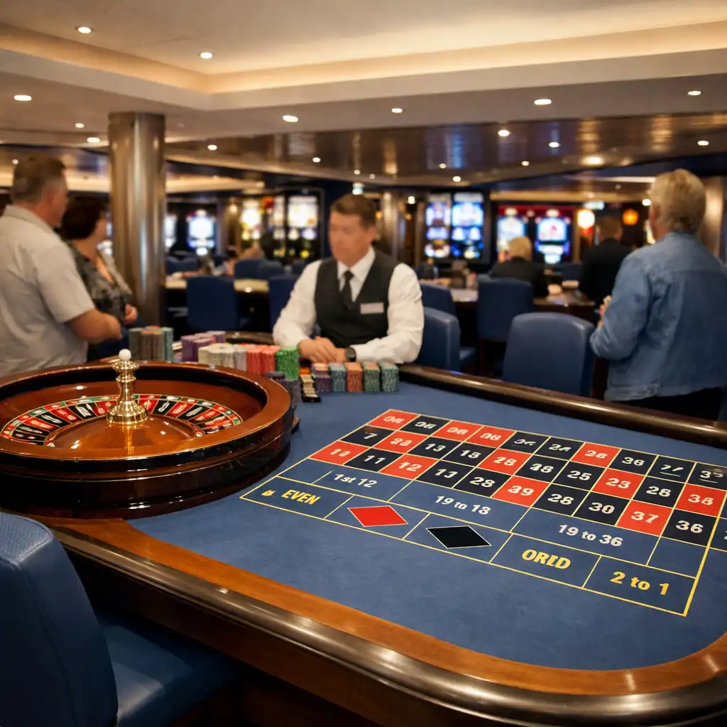 Onboard roulette table with wheel, marked layout and standing room around the table.