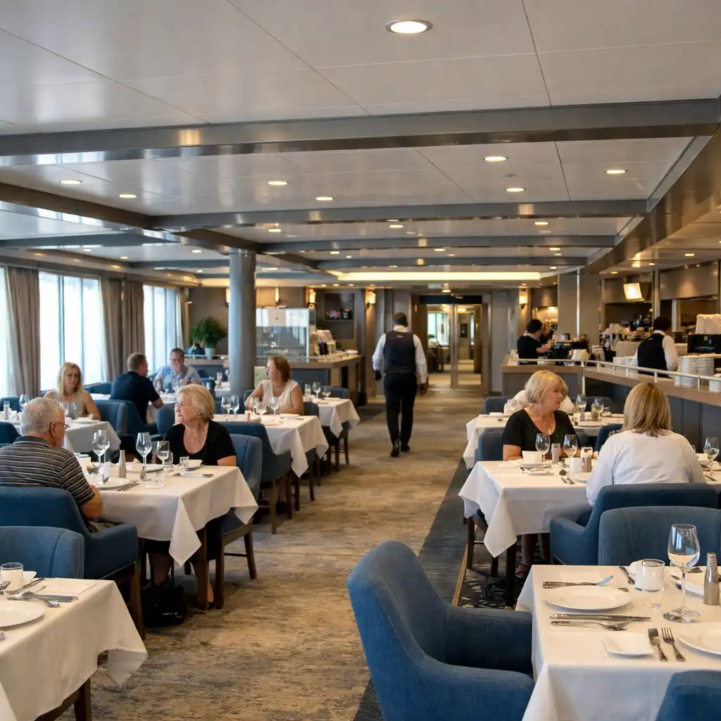 Cruise ship dining room showing table layout, central aisle, service direction and a distant entry point