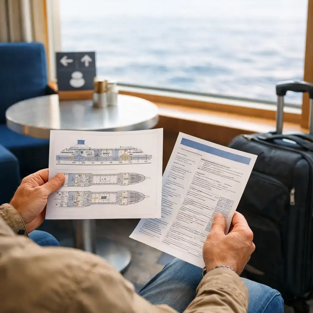 Traveller reading a printed cruise ship deck plan in a quiet lounge
